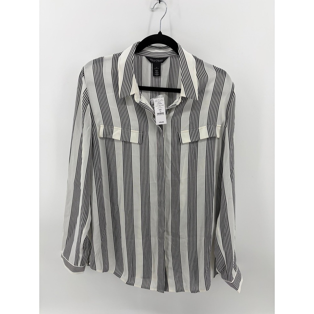 White House Black Market, Ivory Black Striped, Semi Sheer Blouse, 12, NWT